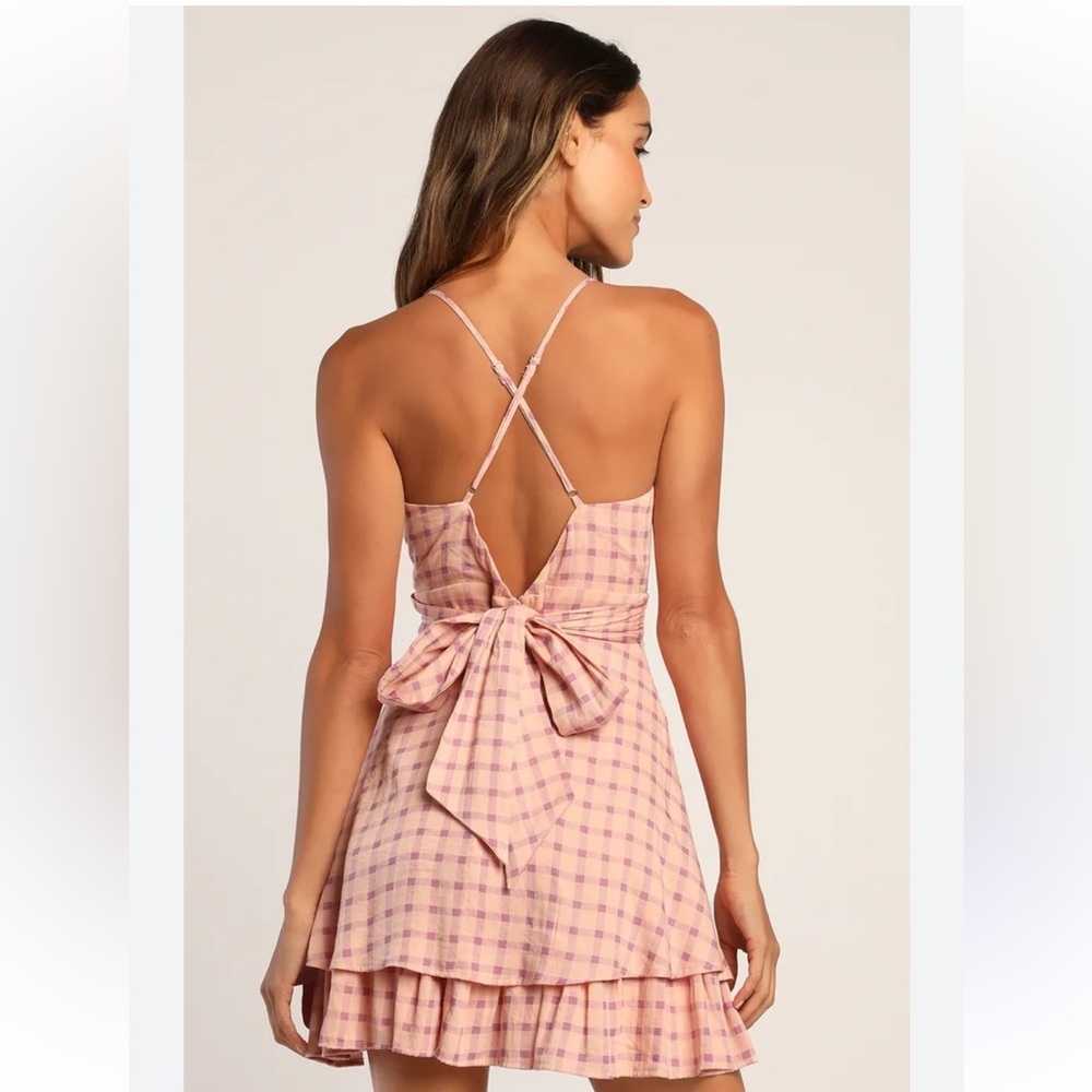 Lulu's Just Checking In Blush Pink Plaid Tiered Tie-Back Mini Dress Size XS - Picture 2 of 12